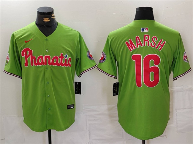 Men's Philadelphia Phillies #16 Brandon Marsh Green With Patch Stitched Jersey